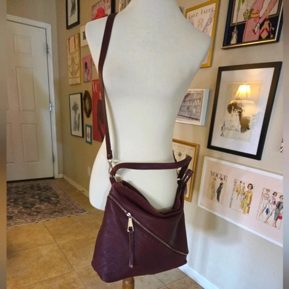 Kelsi Dagger Burgundy Pebbled Leather Crossbody Hobo Bag Silver Hardware Large